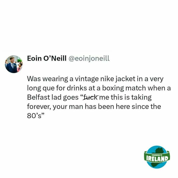 A tweet about wearing a vintage Nike jacket in Ireland, with a humorous comment from a Belfast local.
