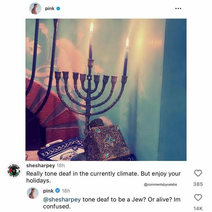 Menorah with lit candles, alongside funny comments by celebs below.