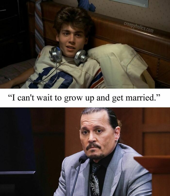 Teen on a bed with headphones and a man in court. Caption adds a twist of horror to the funny meme.