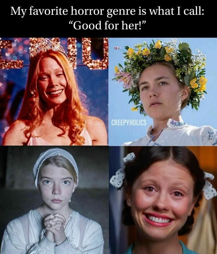 Collage of women from horror movies with a comedic twist, capturing a "good for her" theme.
