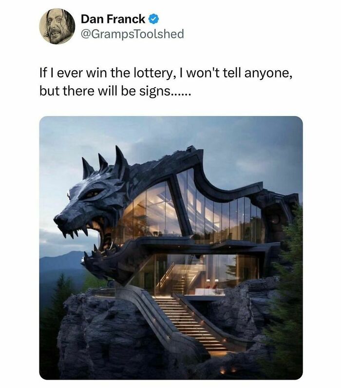 Lavish modern house with a dragon design, humorously captioned about winning the lottery, blending funny memes with horror.