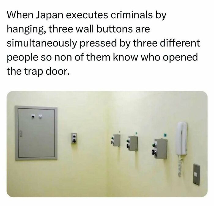 Wall with three buttons for simultaneous pressing, related to creepy facts shared on Instagram about executions in Japan.