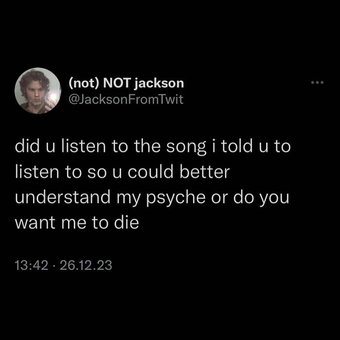 Funny memes tweet about sharing music for understanding.