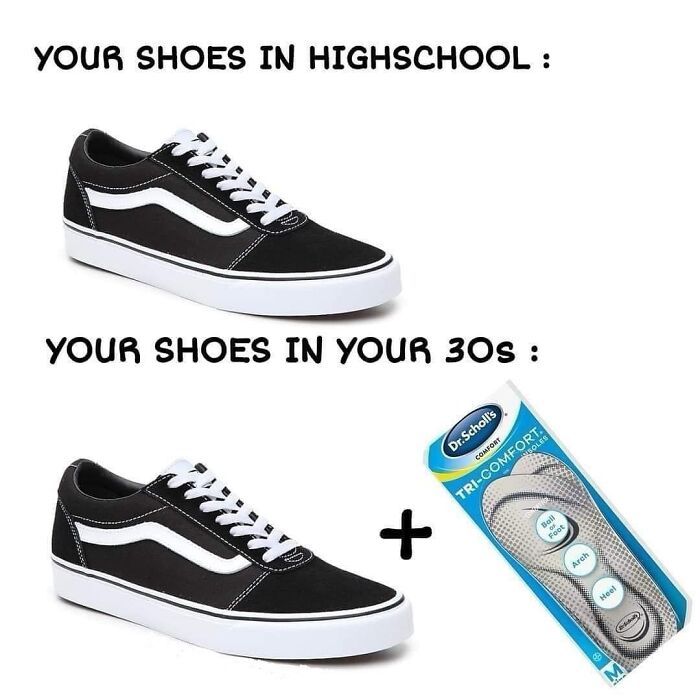 Black sneakers with added insoles, humorously comparing high school to thirties footwear. Keywords: funny memes, horror twist.