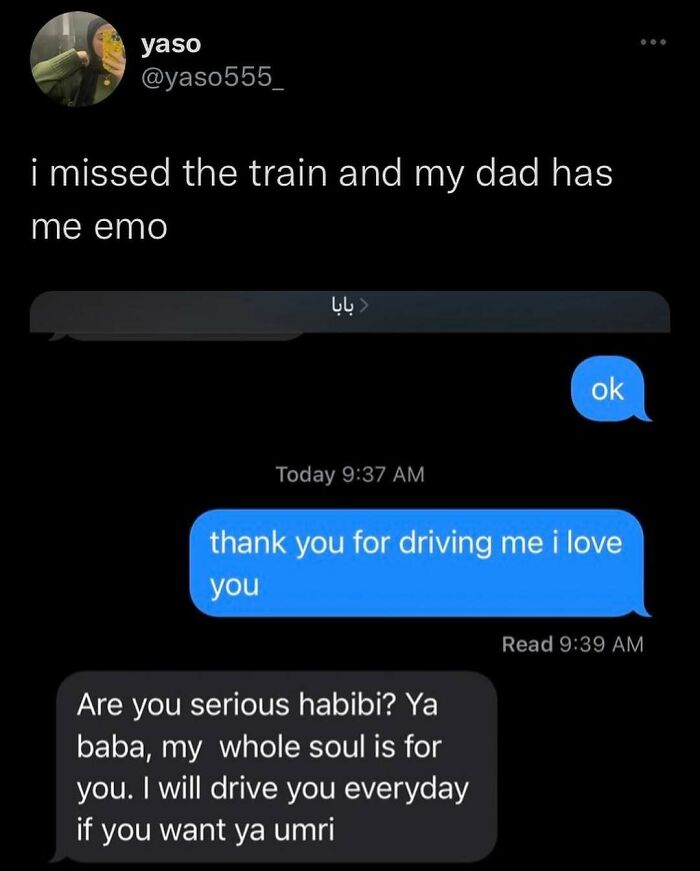 Funny meme about missing a train and a dad's heartwarming response in a text conversation.