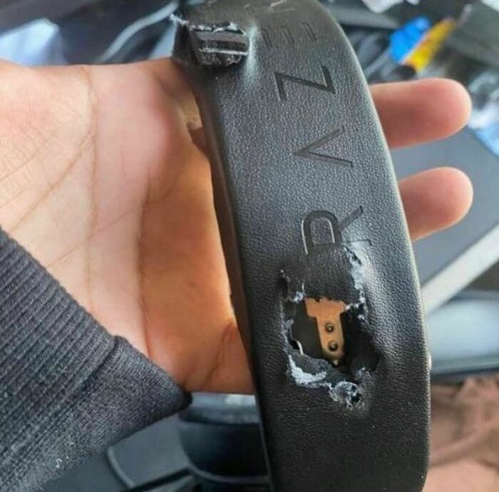 Hand holding a broken black plastic strap with visible damage and the word Raven embossed, showcasing interesting facts.