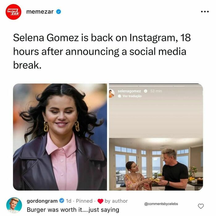 Celebs make funny comments on Selena Gomez returning to Instagram after a break.