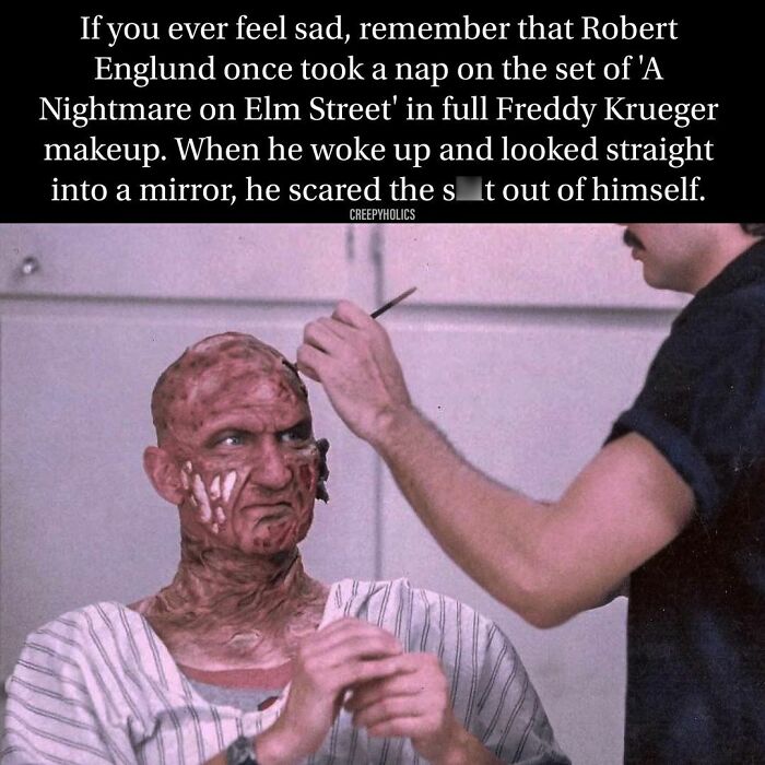 Makeup artist applies horror-themed makeup for a funny meme twist on set.