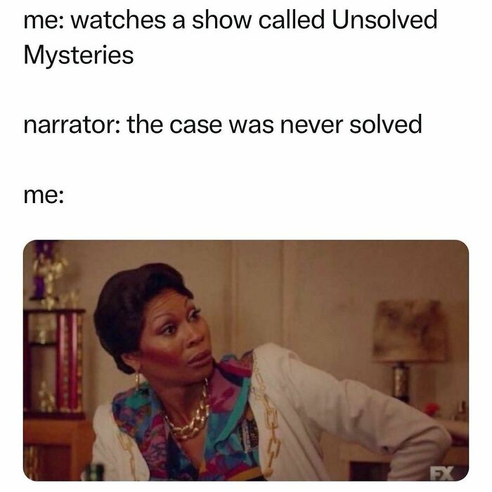 Woman reacting humorously to a horror mystery show meme.