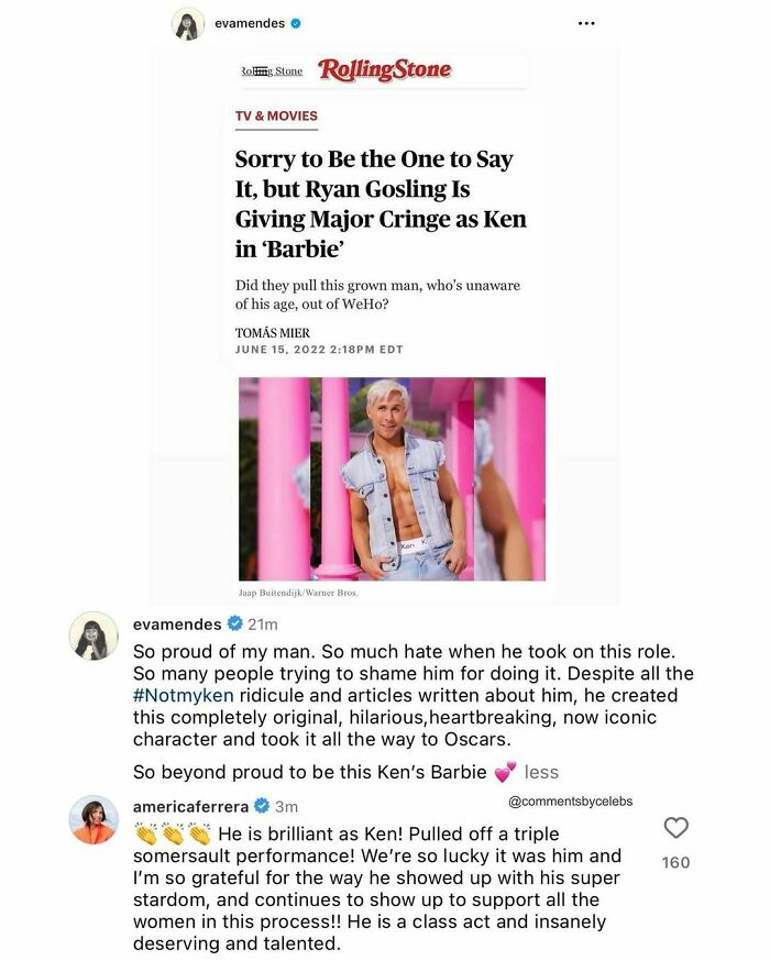 Rolling Stone article on Ryan Gosling's 'Barbie' role with funny celeb comments praising his performance.