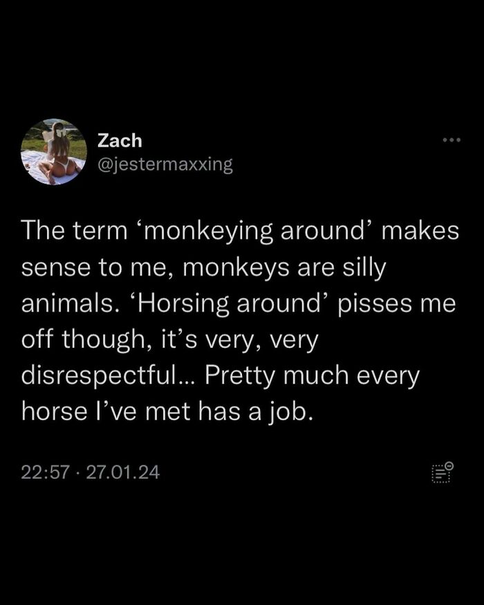 Funny meme about the phrases "monkeying around" and "horsing around," highlighting the roles of monkeys and horses.