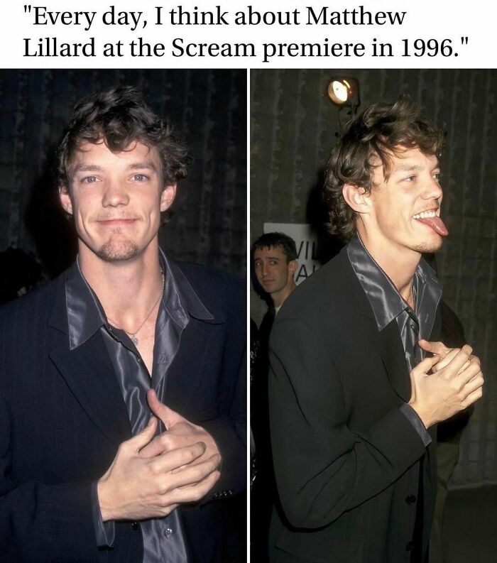 Man in a dark shirt at a 1996 movie premiere with a playful expression, capturing funny memes with a horror twist.