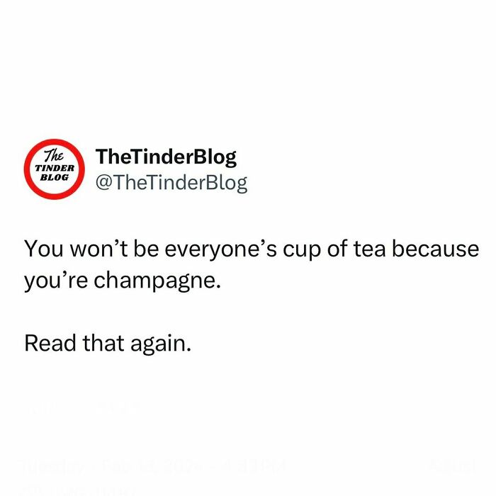 Meme text from TheTinderBlog: "You won’t be everyone’s cup of tea because you’re champagne." Humorous note for those above 30.