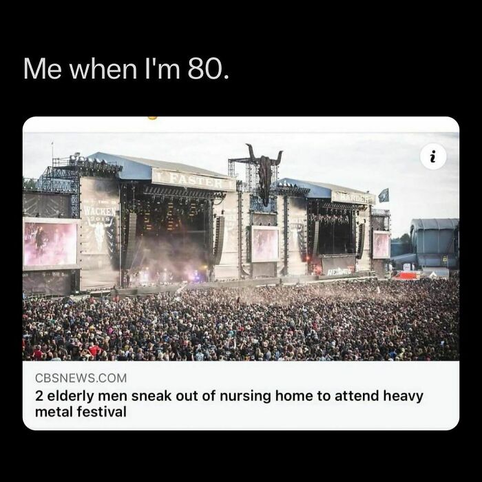 Crowd at a heavy metal festival, with text about elderly men sneaking out of a nursing home; funny horror meme.