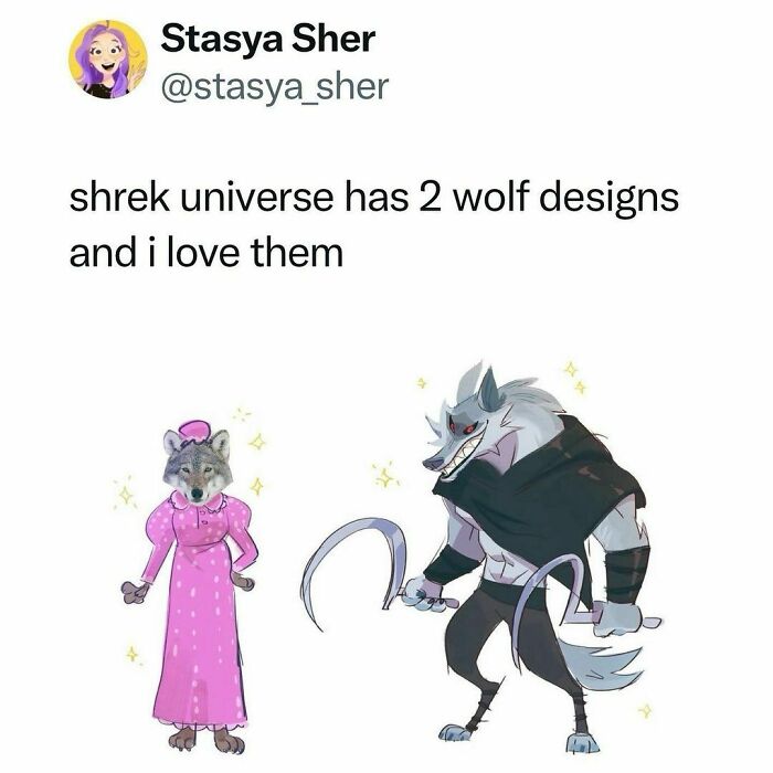 Cartoon wolves from Shrek in humorous outfits, illustrating funny memes with a hint of horror.