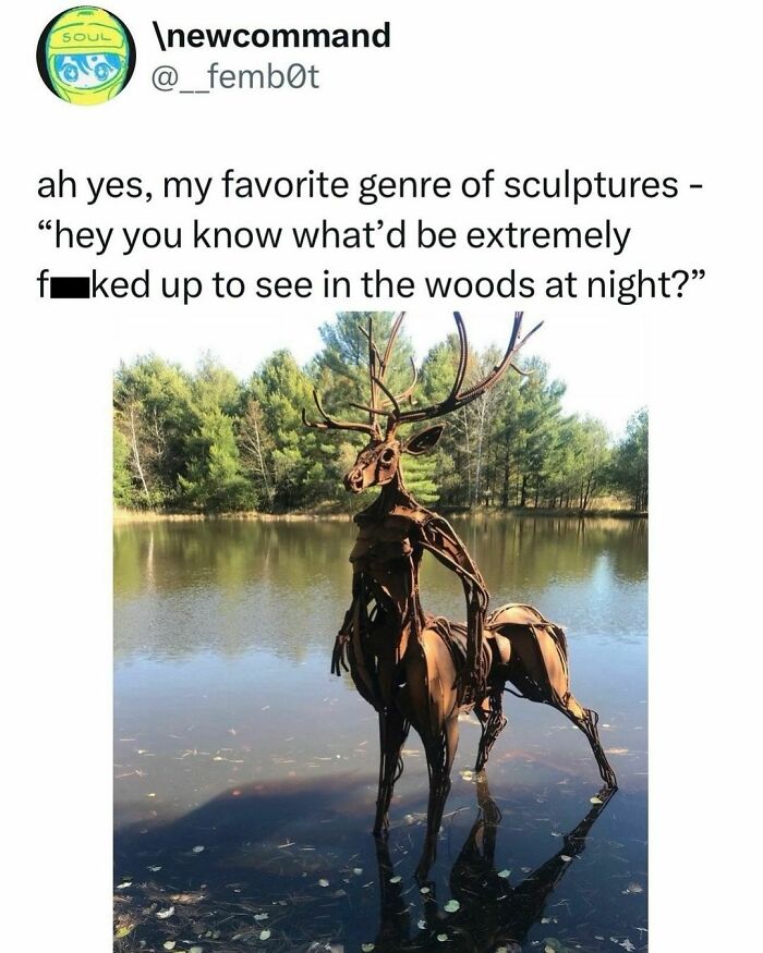 Eerie deer sculpture in a pond, blending funny memes with a twist of horror, reflecting unusual outdoor art.