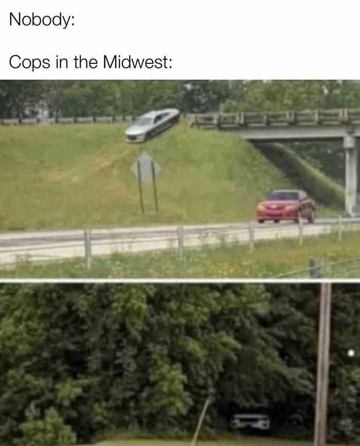 Police car parked off-road on a hill in the Midwest, next to a highway, partially hidden by trees.