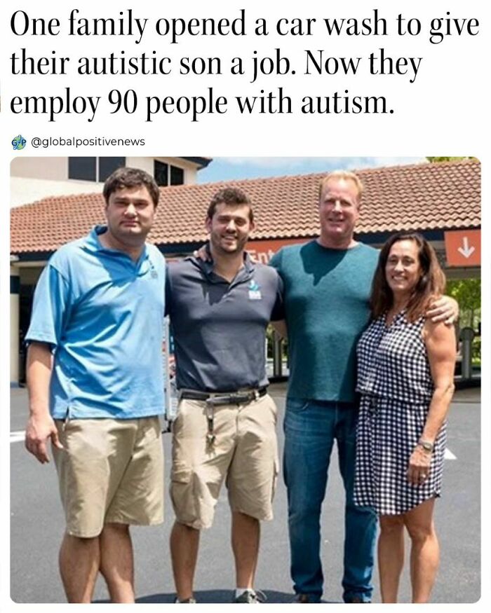 Family stands together outside their car wash, supporting employment for 90 people with autism, showcasing an uplifting story.