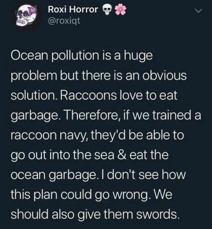 Funny tweet about raccoon navy solving ocean pollution, suggested by training raccoons to eat garbage and wield swords.