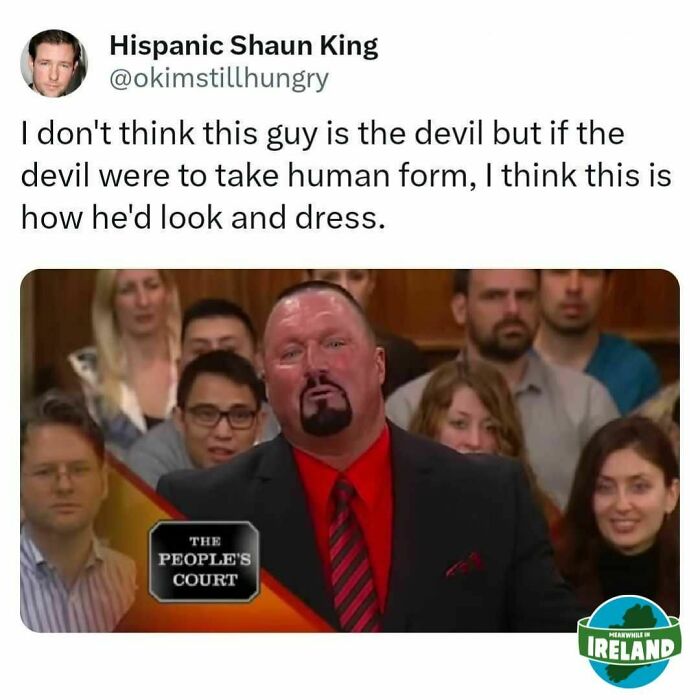 Man in a courtroom setting with a humorous caption, featuring a "Meanwhile in Ireland" meme logo.