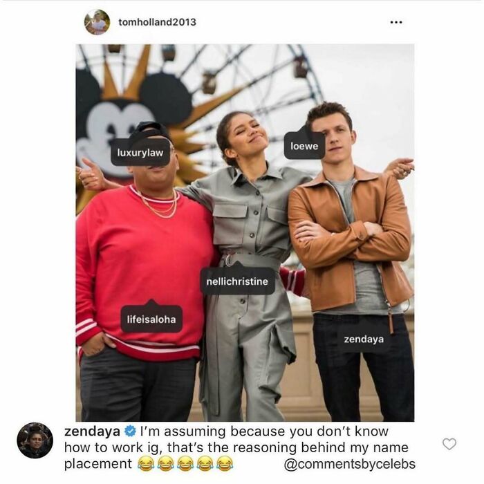 Three people posing humorously with tags mismatched on Instagram, showcasing funny comments by celebs.