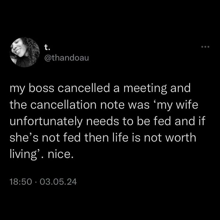 Social media post with a humorous meme about a boss canceling a meeting due to a personal reason.