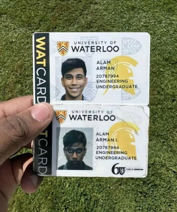 University of Waterloo student ID cards showing two different photo styles for the same engineering undergraduate.