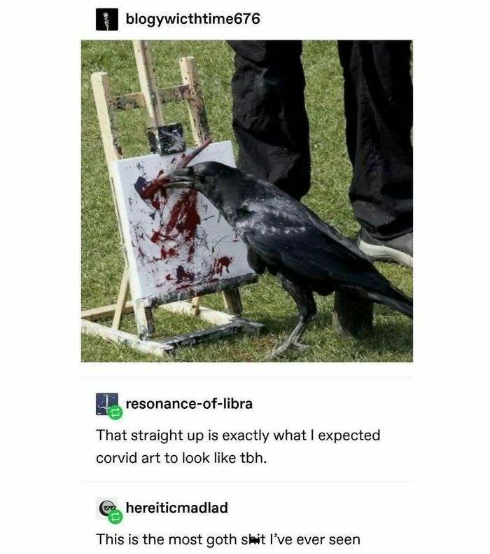 A crow paints on a canvas in a humorous horror-themed meme, outdoors with a brush in its beak.