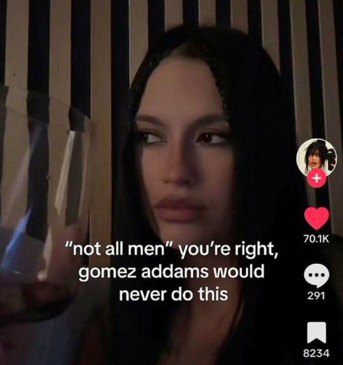 Person looking sideways with a drink, humorous caption about Gomez Addams, combining funny memes and horror themes.