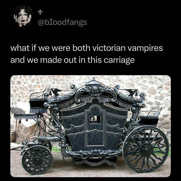 Victorian-style carriage with a spooky twist, humorously captioned about vampires; perfect blend of funny memes and horror.