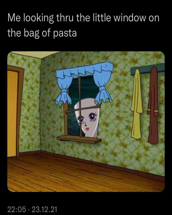 Cartoon face humorously peeks through a window, resembling a bag of pasta, highlighting funny memes.