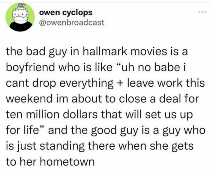 A hilarious tweet about Hallmark movie tropes comparing the "bad guy" with a successful boyfriend.