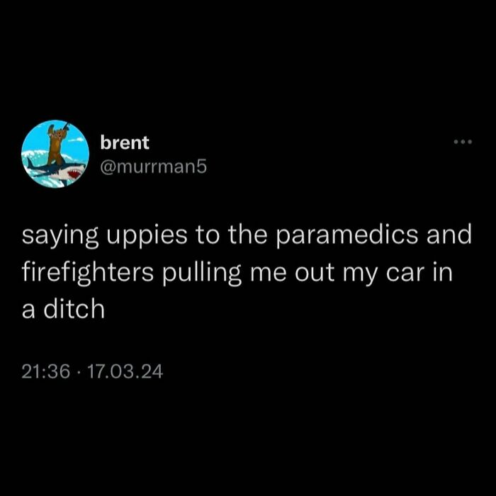 Funny meme about saying "uppies" to rescuers during a car rescue scenario.