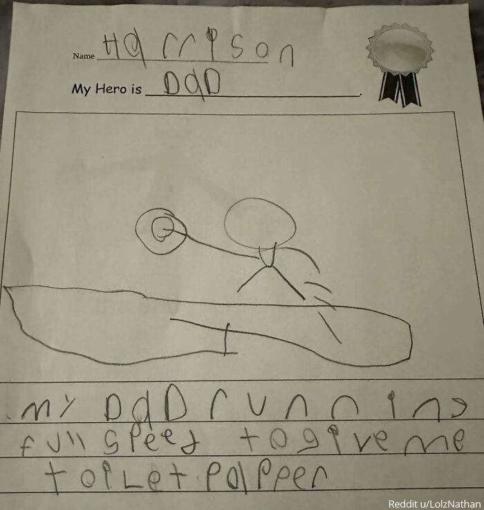 Child's drawing of dad running with toilet paper, part of viral family photos people want to forget.