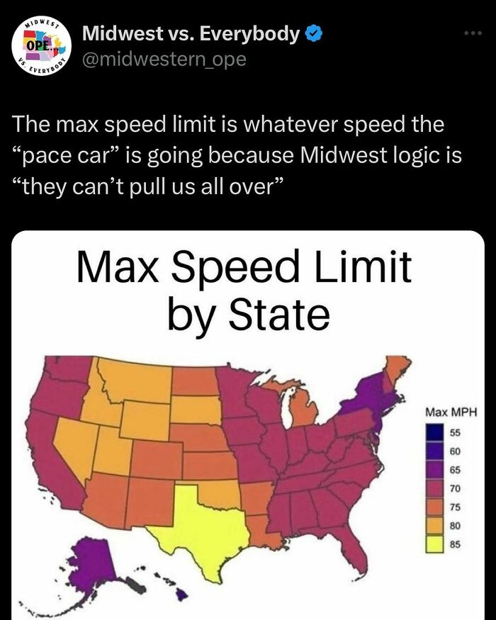 Map showing maximum speed limits by state, illustrating Midwest logic humor with caption about following pace cars.