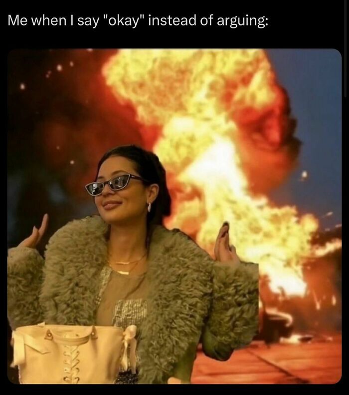 Woman in sunglasses and fur coat with a fire explosion backdrop, embodying relatable memes boujeeee attitude.