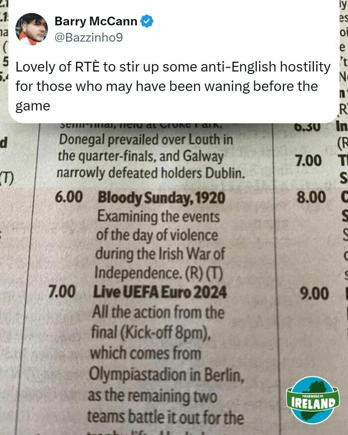 Tweet about RTÉ's timing with 'Bloody Sunday' documentary before Euro 2024 match schedule, featuring "Meanwhile in Ireland" meme.