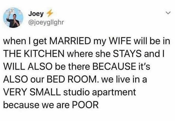 Tweet about marriage and living in a small studio apartment, humorous take on space-sharing dynamics.