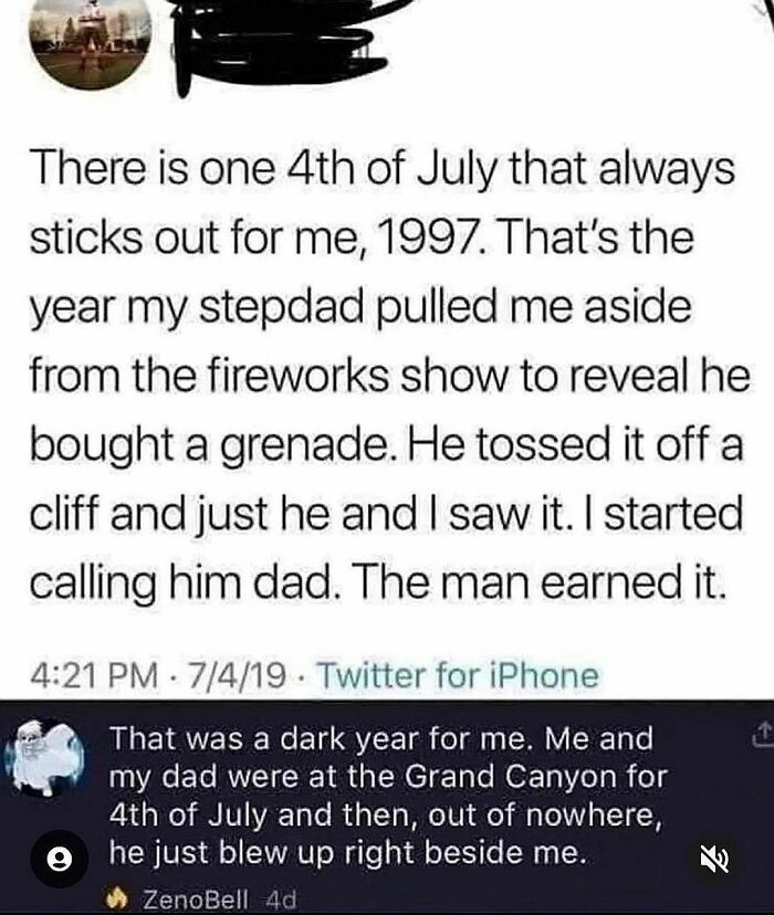 Screenshot of two random hilarious tweets about memorable 4th of July experiences involving a g*****e and the Grand Canyon.