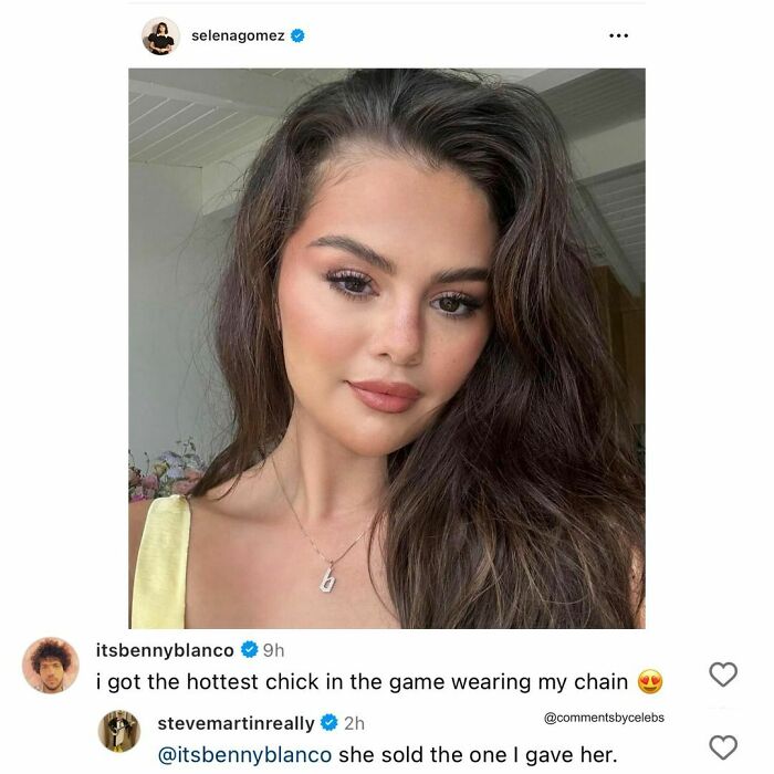 Celebrity with funny comments exchange about a necklace on social media.