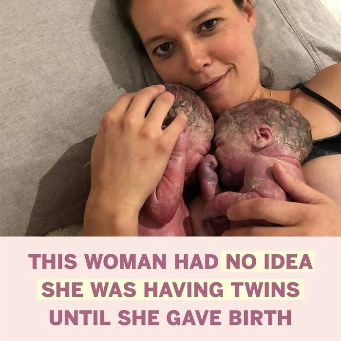 Woman holding newborn twins, amazed at unexpected birth, representing women in real life moments.