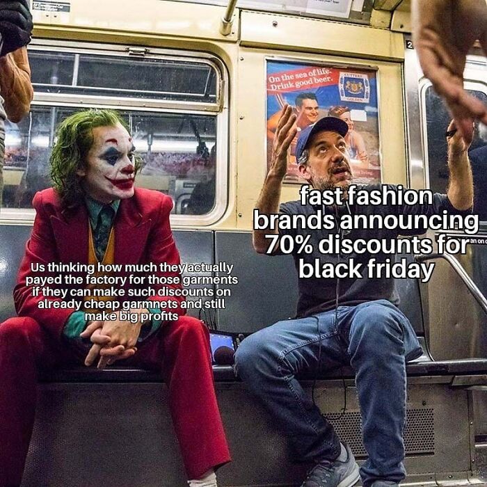 Joker sitting on a subway next to a man, with text about funny Black Friday fashion discounts.