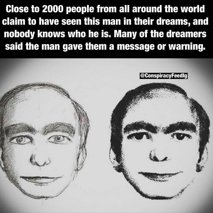 Black and white sketches of a mysterious man reportedly seen in dreams, featured in creepy weird facts on Instagram.
