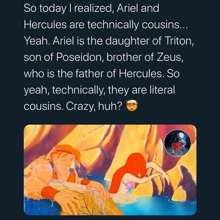 Text post revealing Ariel and Hercules are technically cousins, shared on an Instagram account featuring weird facts and creepy trivia.