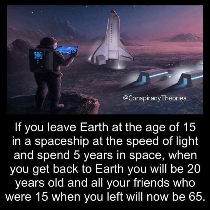 Astronaut with a futuristic device near spaceship on alien terrain illustrating creepy weird facts about space and time.