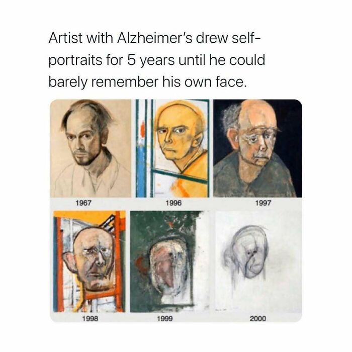 Series of self-portraits by an artist with Alzheimer's showing progressive memory loss over five years shared on Instagram weird facts account.