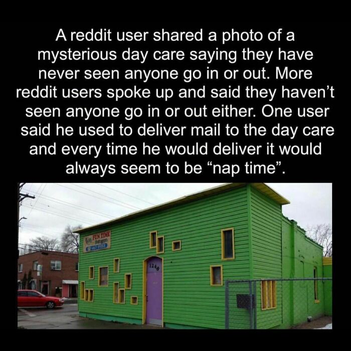 Green building with unusual windows and purple door linked to creepy weird facts shared on Instagram account.