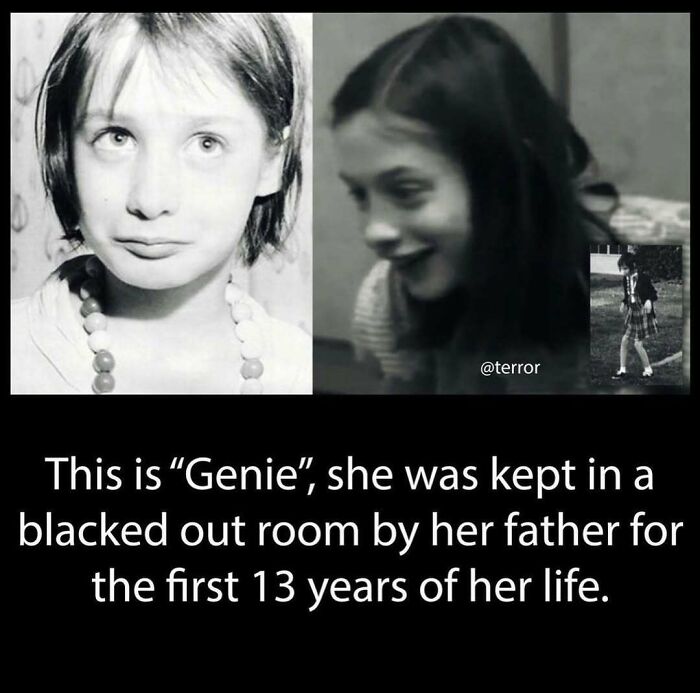 Black and white images of a girl named Genie with text about her life in isolation due to her father's actions.