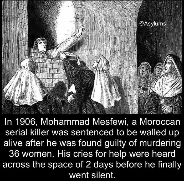 Weird fact illustration of a serial killer being bricked into a wall as punishment, with people watching, circa 1906.