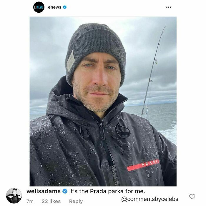 Celebrity in a Prada parka with humorous comment on Instagram.